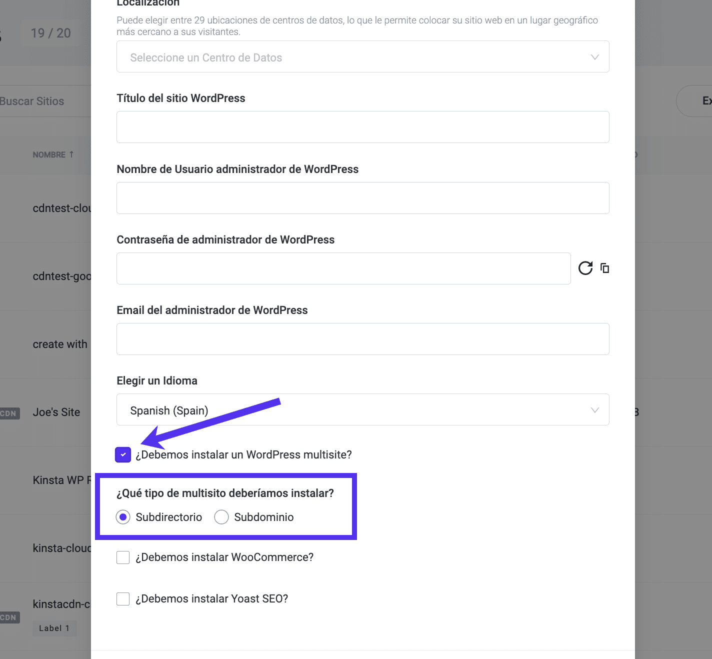 Activar Multisite al instalar WordPress en MyKinsta