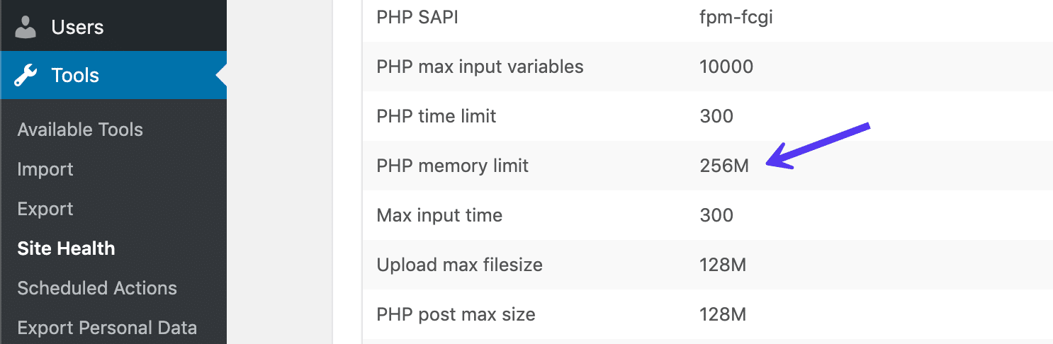 Límite de memoria PHP de la salud del sitio WordPress