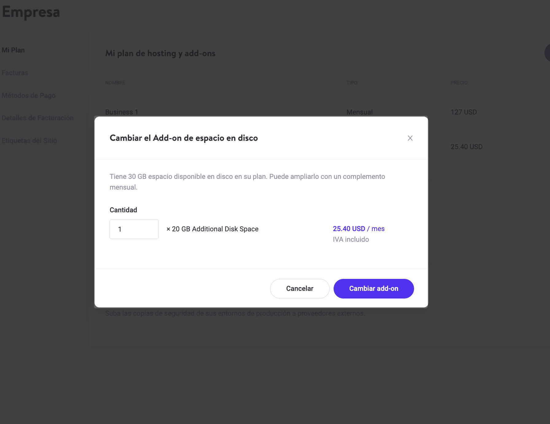 Cantidades adicionales de espacio en disco