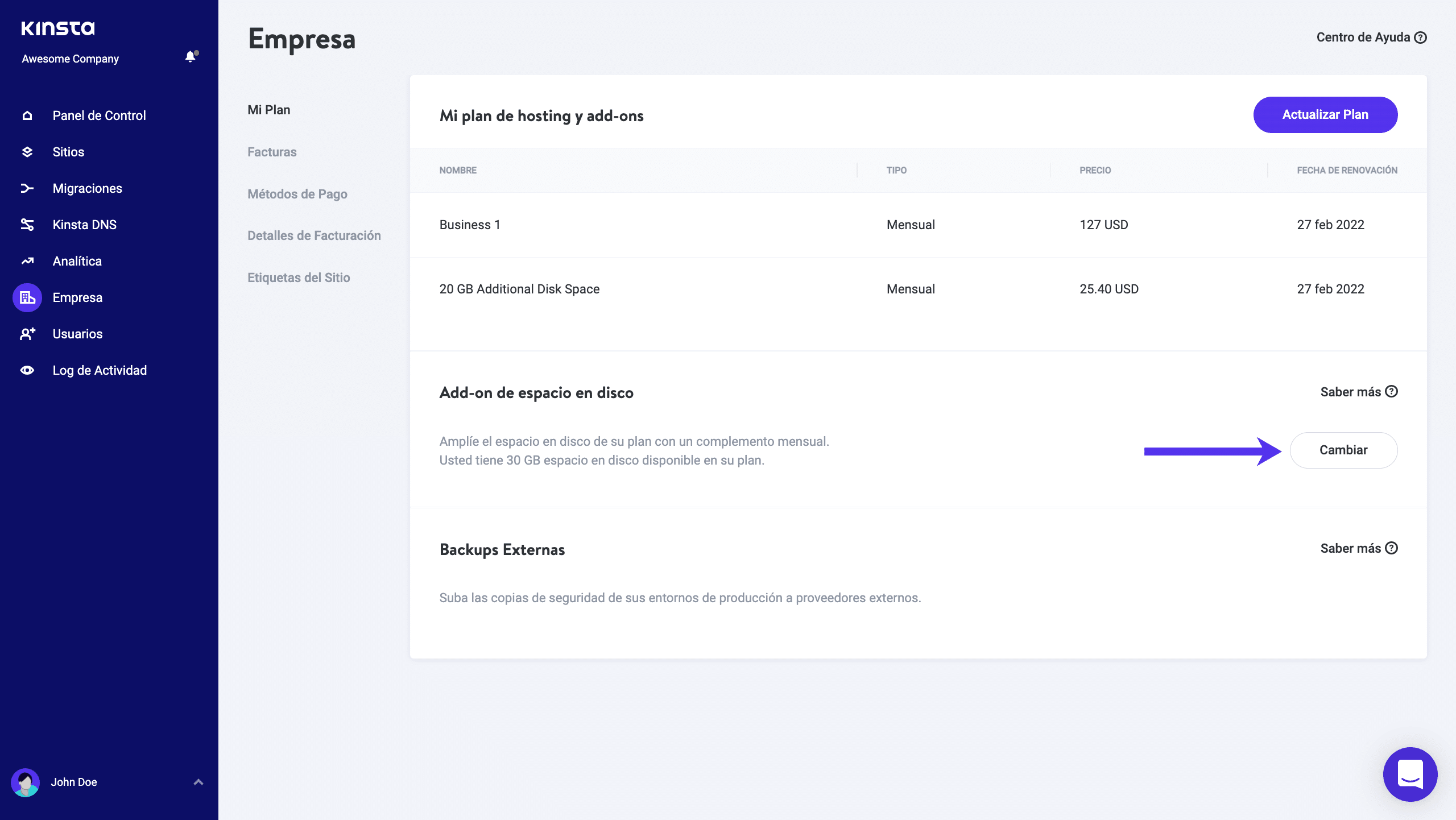 Añadir un complemento de espacio en disco en MyKinsta