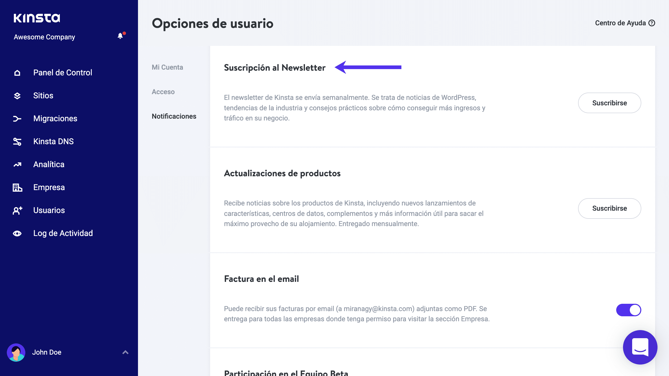 Suscripción al boletín de noticias en MyKinsta