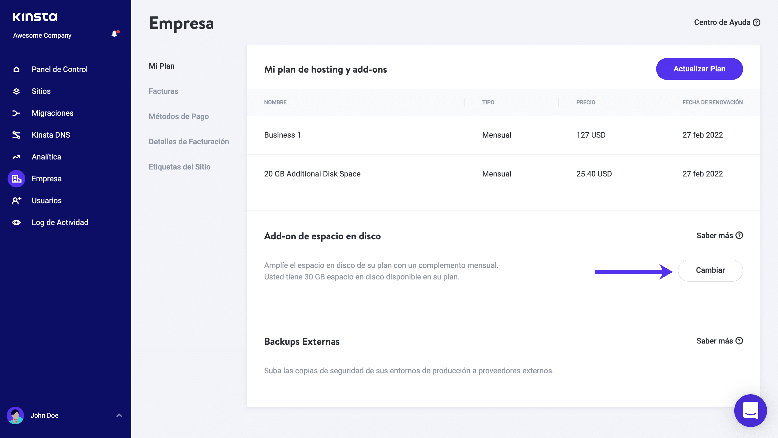 Añadir un complemento de espacio en disco en MyKinsta