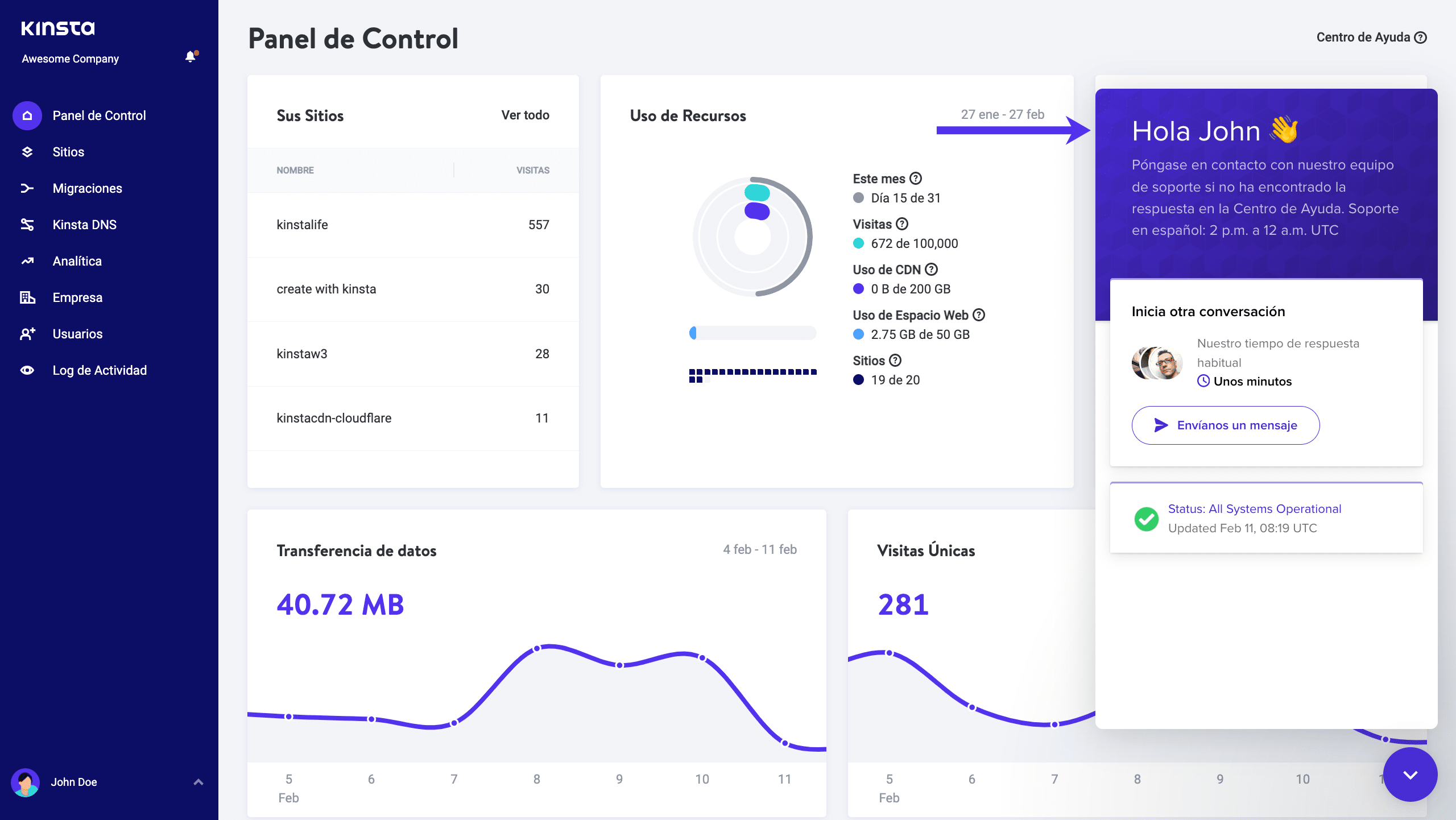Soporte en el dashboard de MyKinsta
