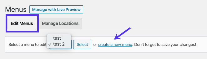 El crear un nuevo enlace de menú en la parte superior del editor de menú de WordPress