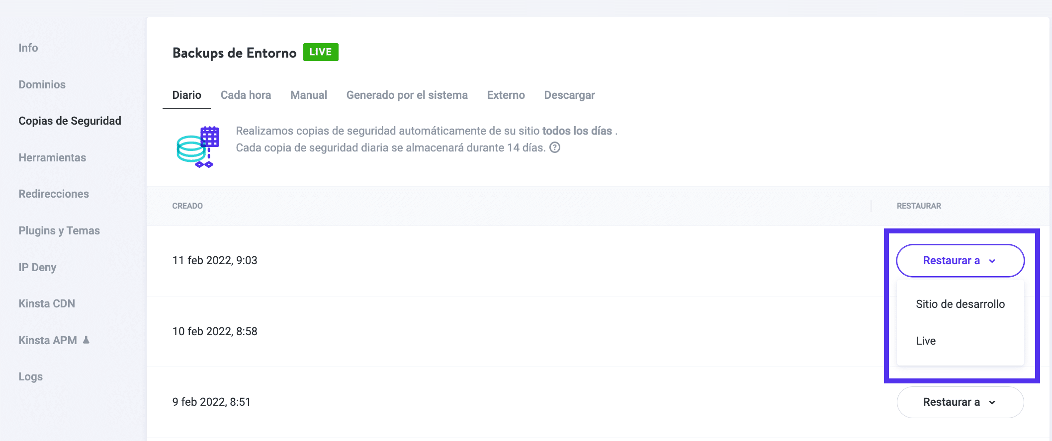 Opciones de restauración de copias de seguridad de MyKinsta