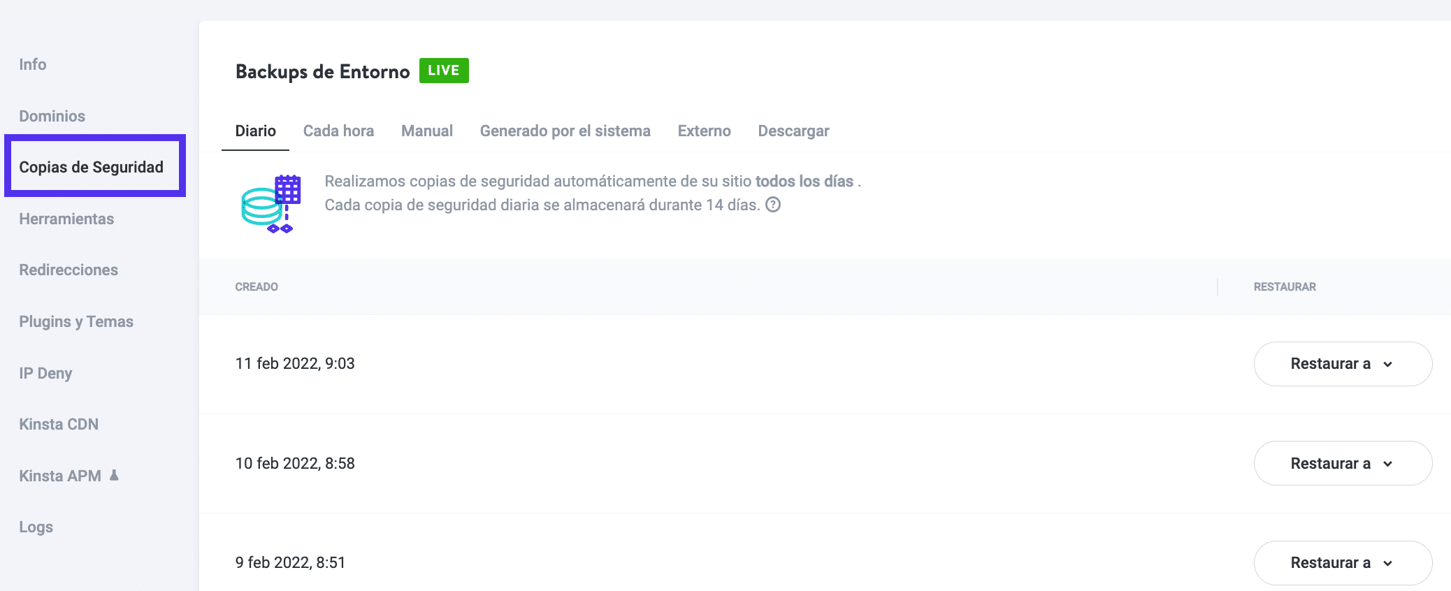 Copias de seguridad del sitio MyKinsta