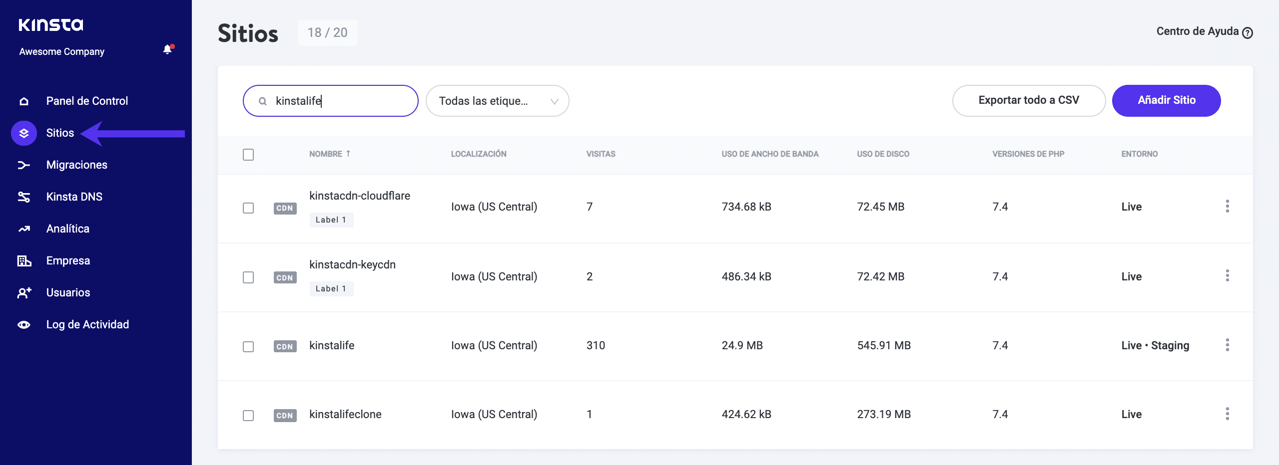 El panel de control de MyKinsta