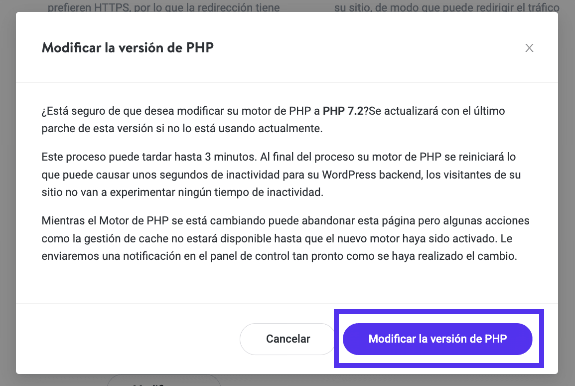 Confirmando una baja de categoría de la versión de PHP
