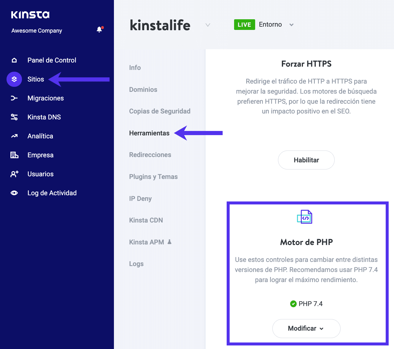 El motor PHP en MyKinsta