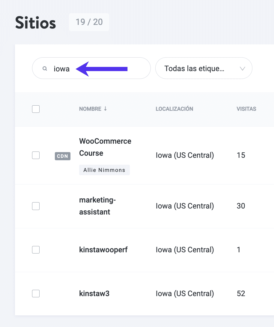 Filtra los sitios por ubicación en el panel de MyKinsta.