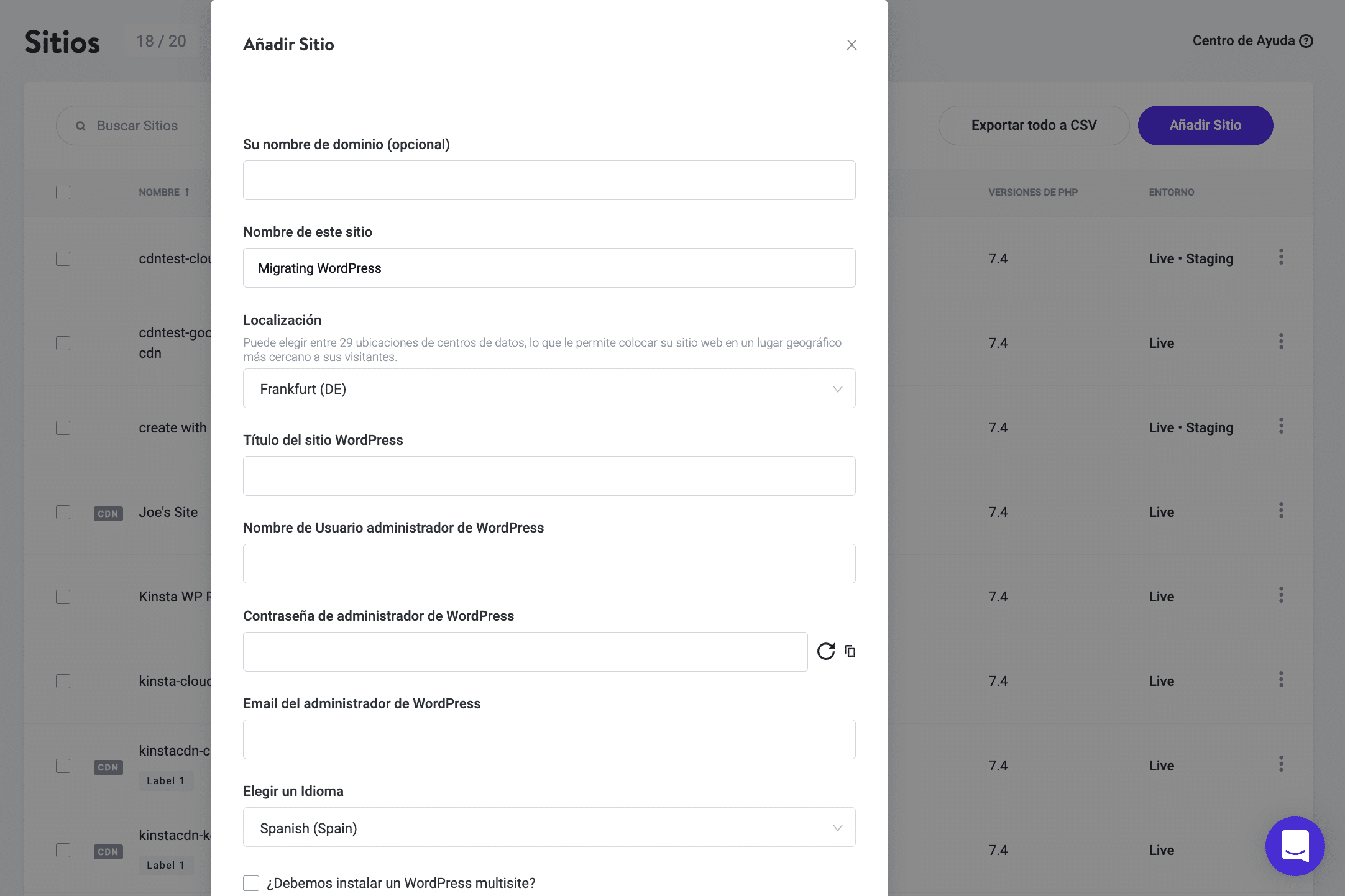 Nuevo sitio de WordPress en MyKinsta