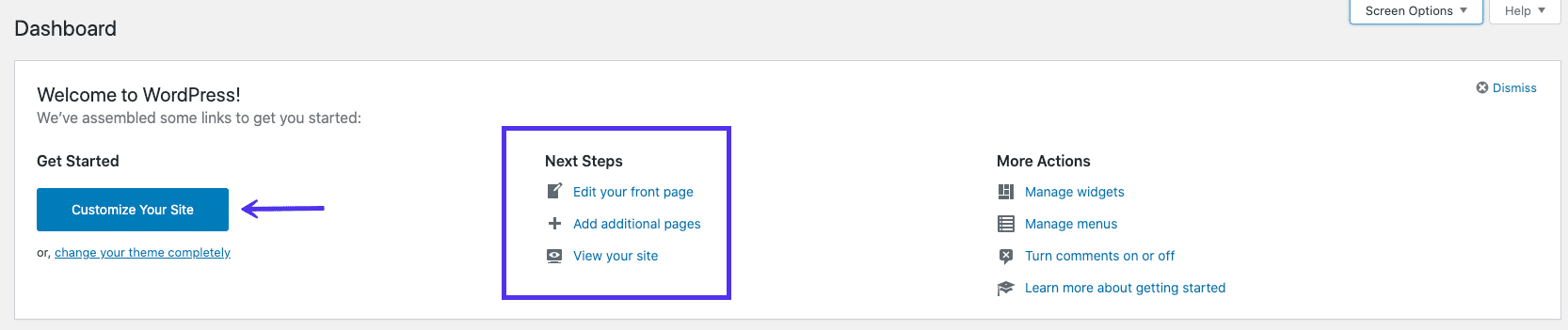 Pestaña de bienvenida en WordPress