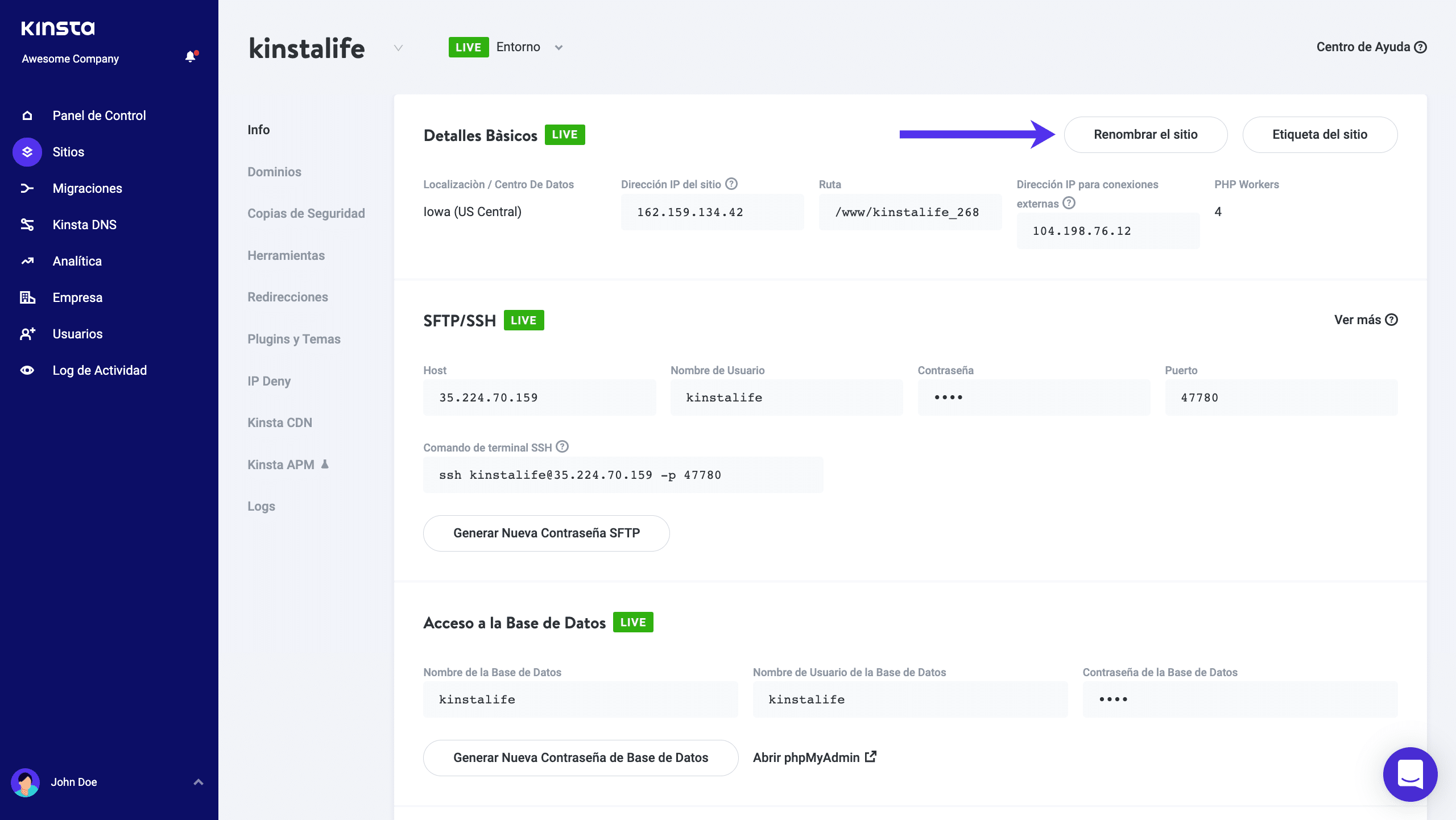 Cambia el nombre de tu sitio Kinsta WordPress.