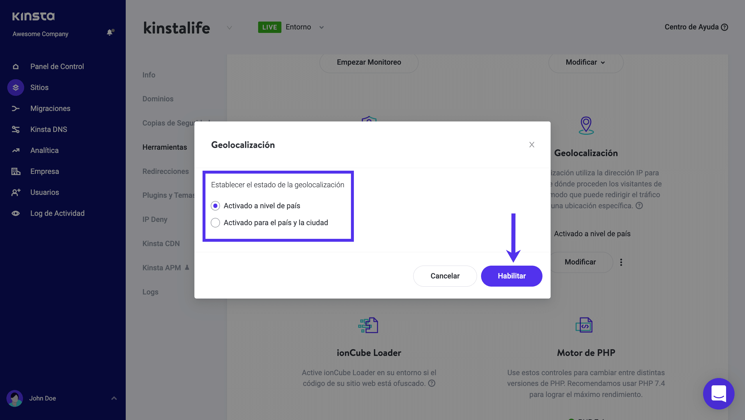 Activar la geolocalización en MyKinsta