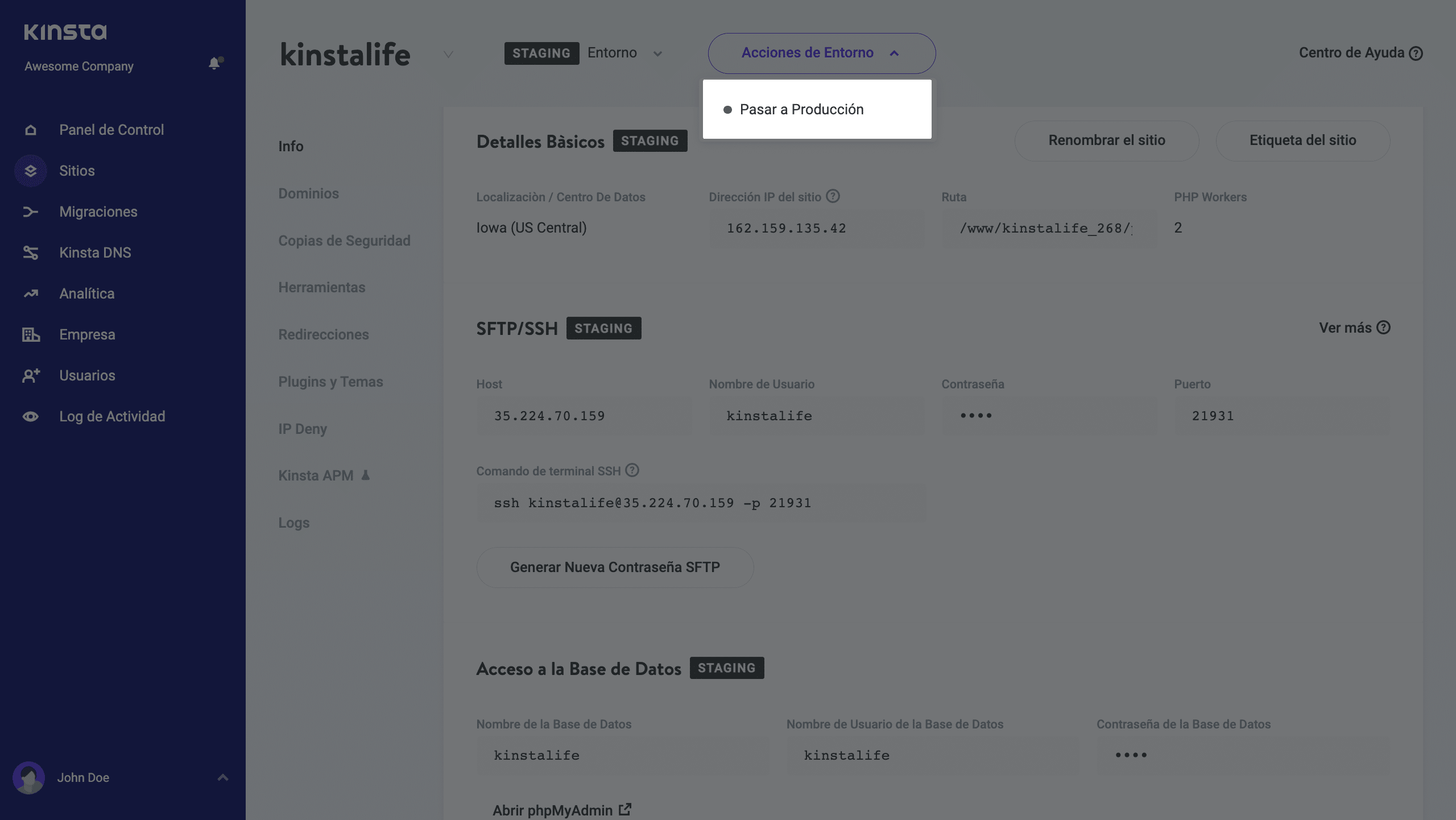 La opción Push to Live dentro de Kinsta.