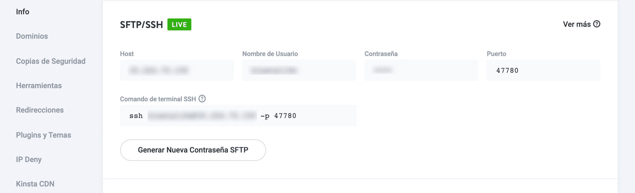 El panel SFTP en el tablero de MyKinsta.