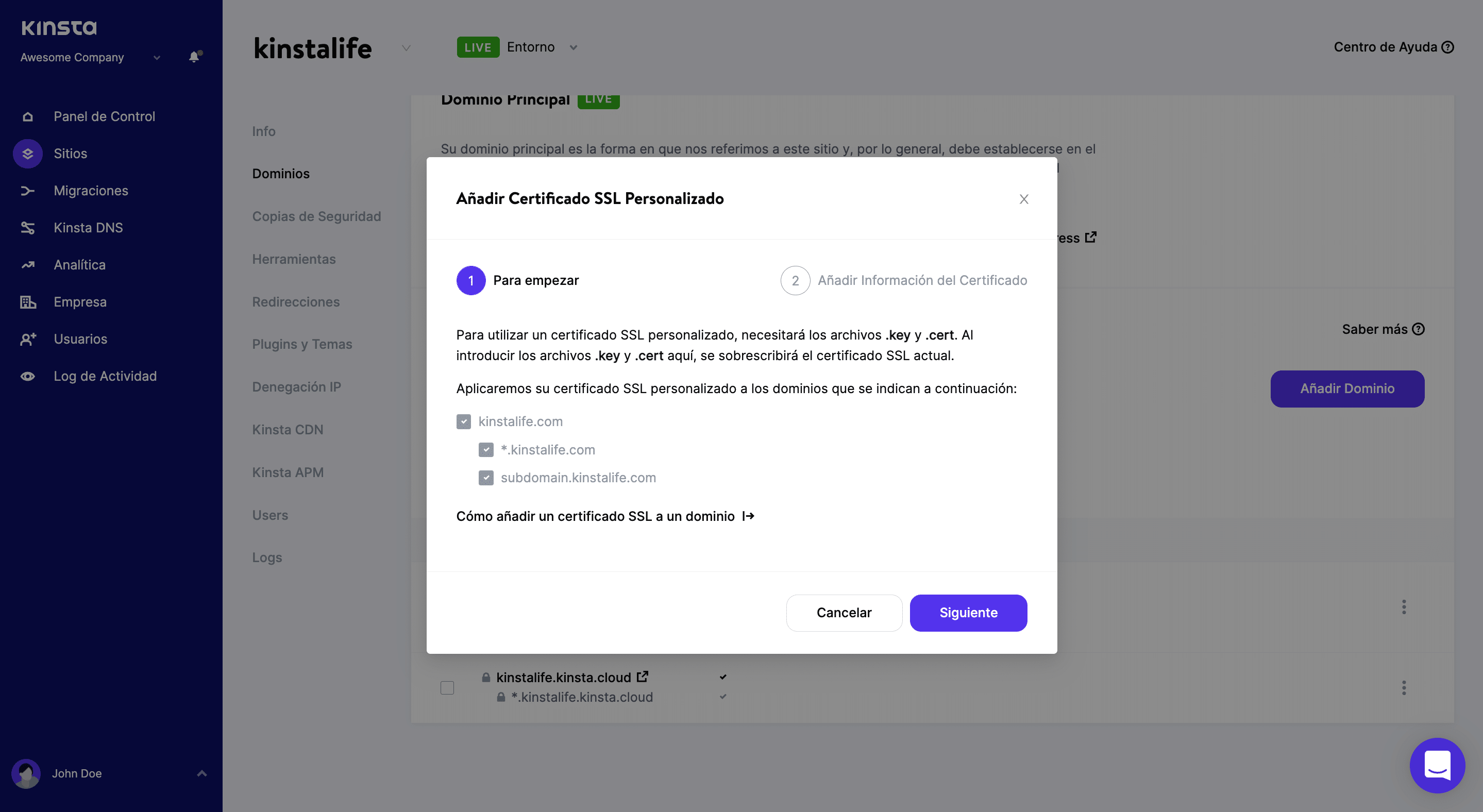 Instalación del certificado SSL a través de MyKinsta.