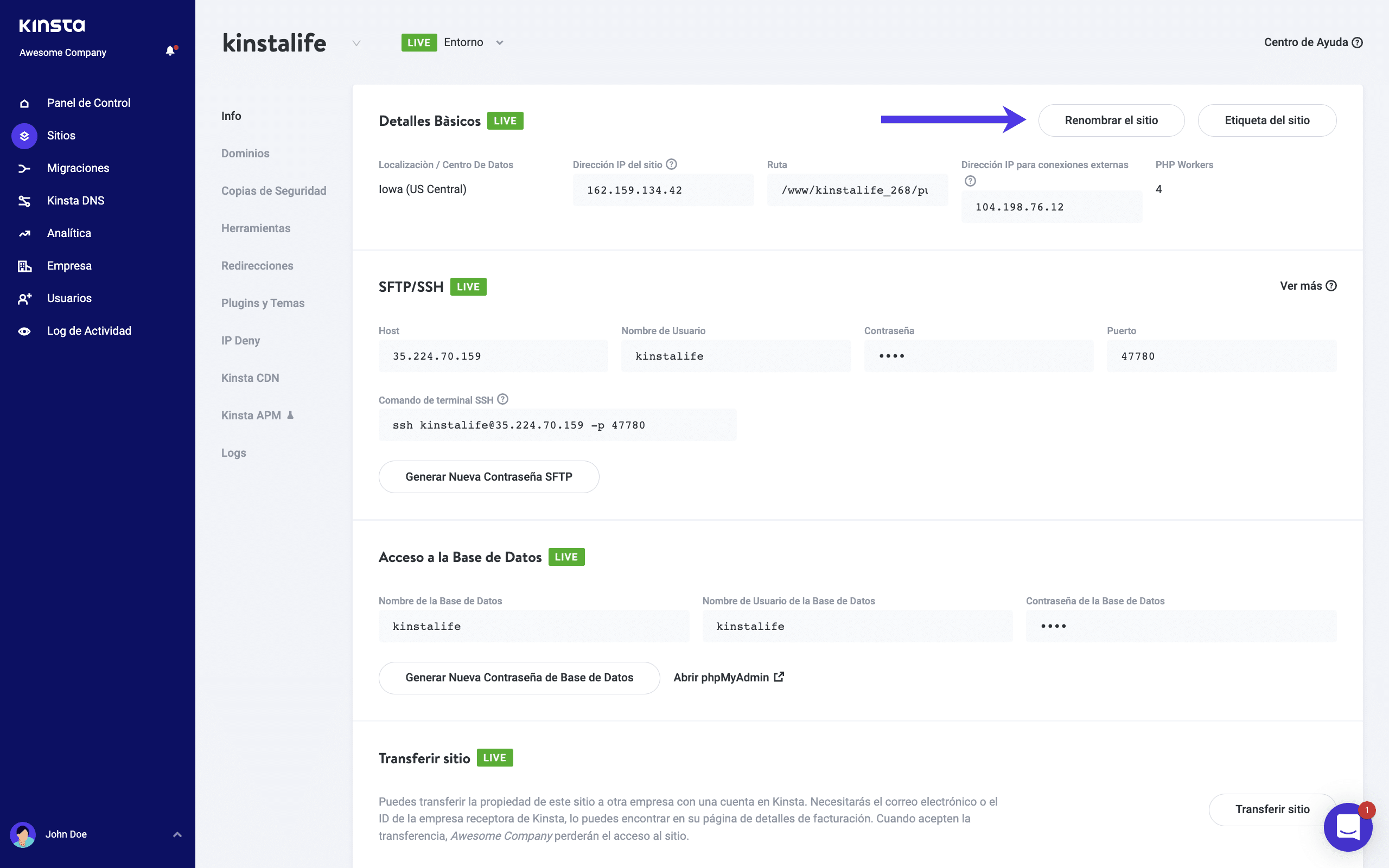 Cambia el nombre de tu sitio web en el panel de MyKinsta.