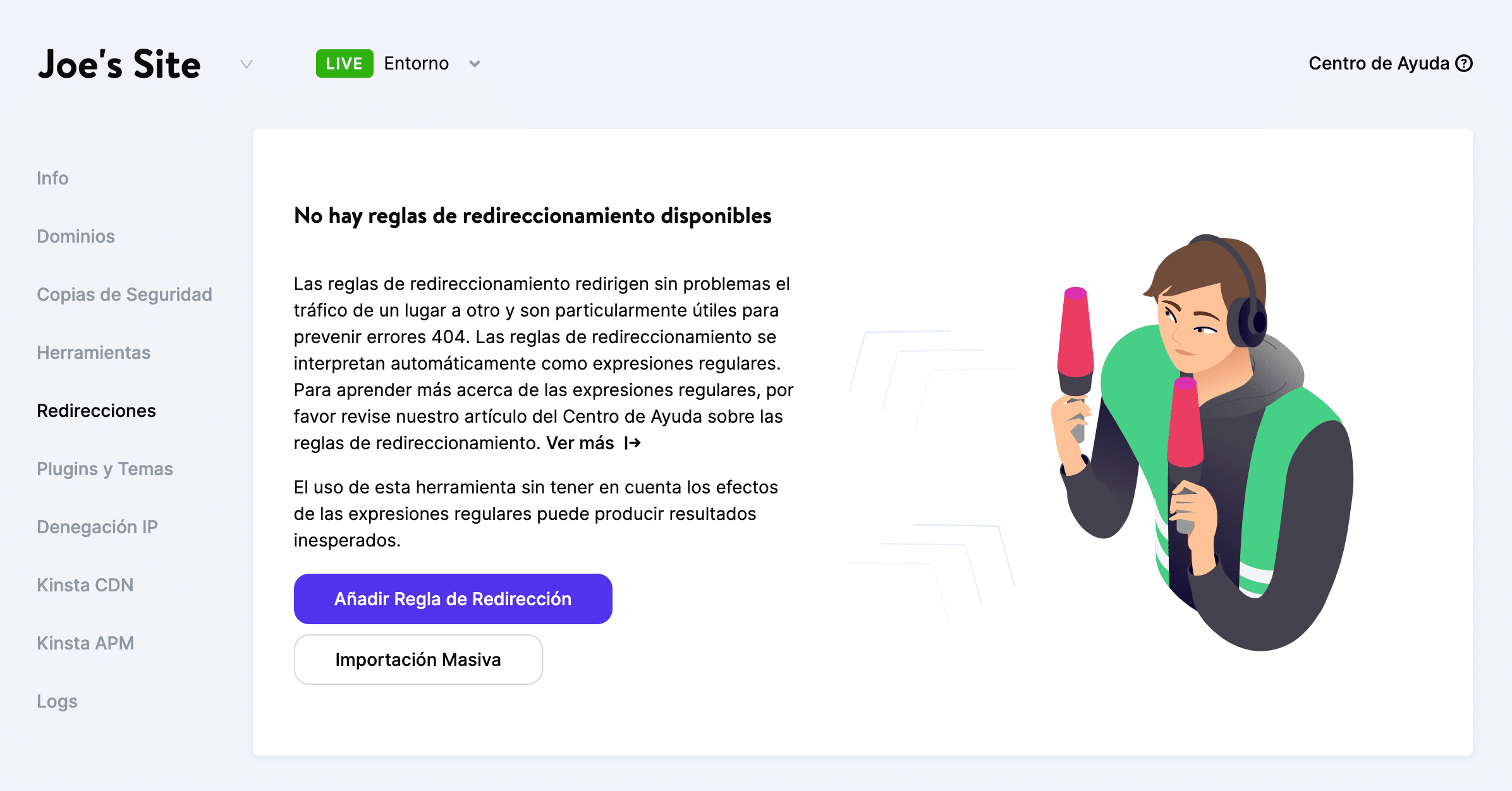 Añadiendo reglas de redirección en MyKinsta.