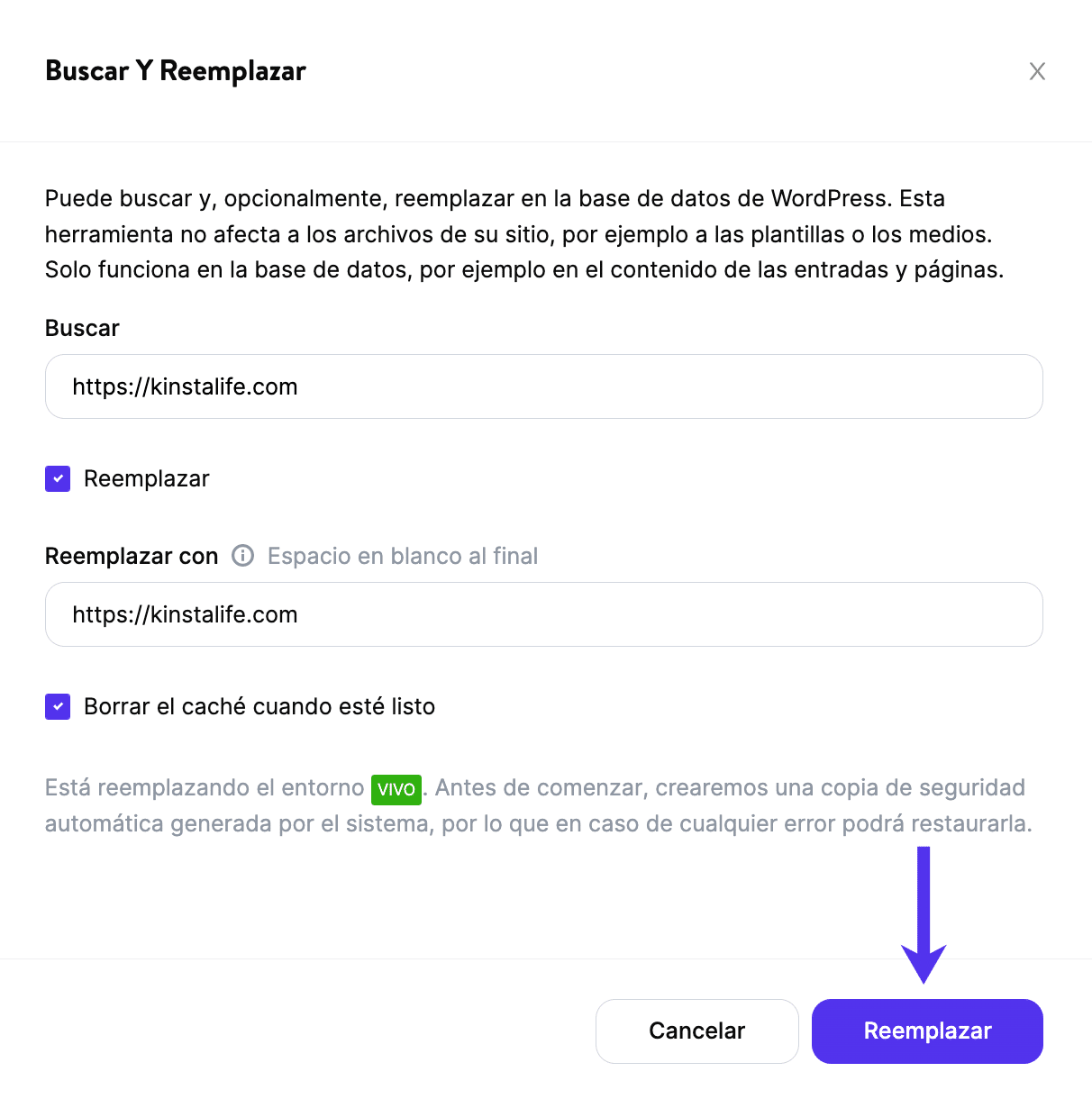Usando la herramienta 'Buscar y reemplazar' en MyKinsta.