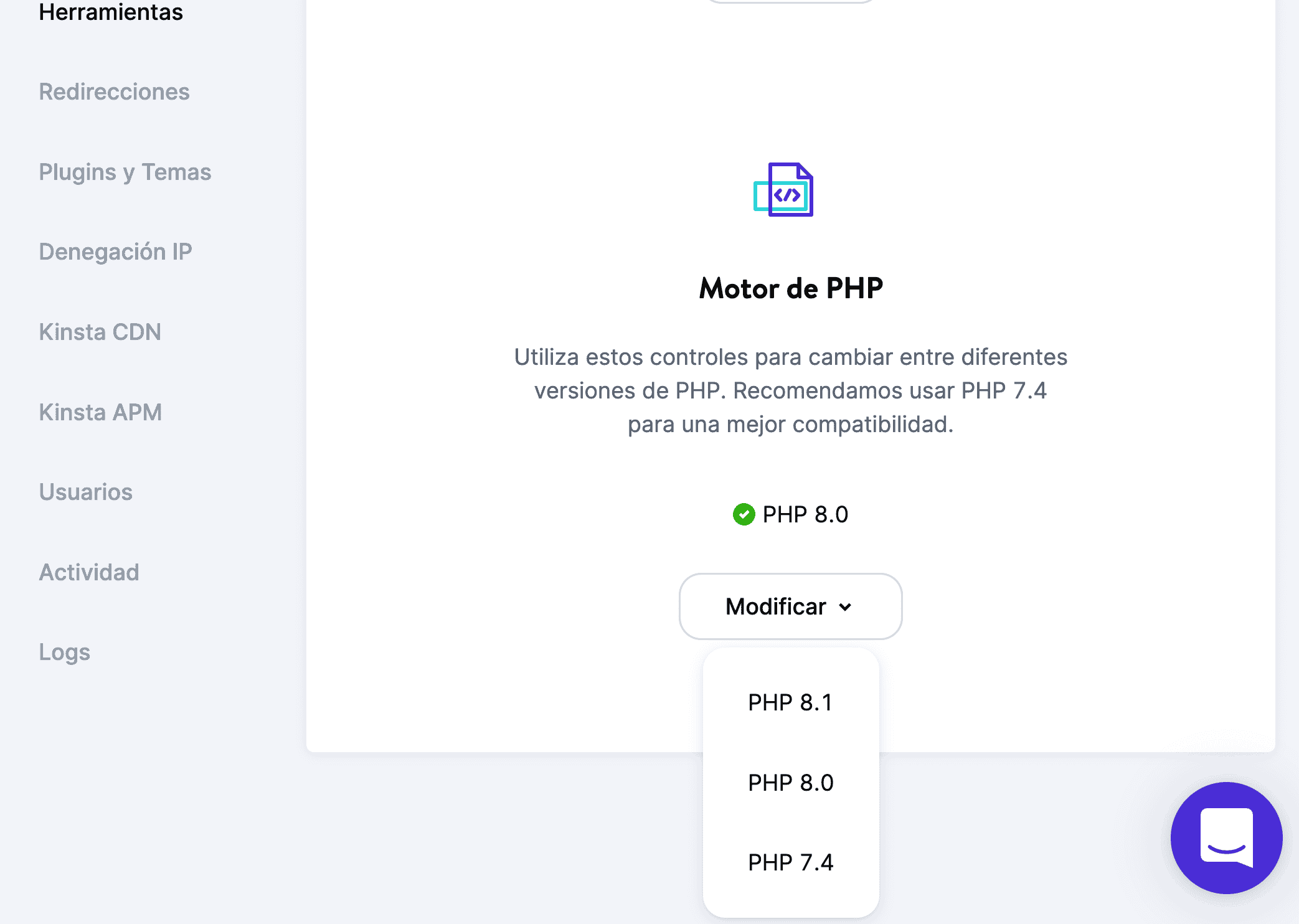 Versiones de PHP en MyKinsta.