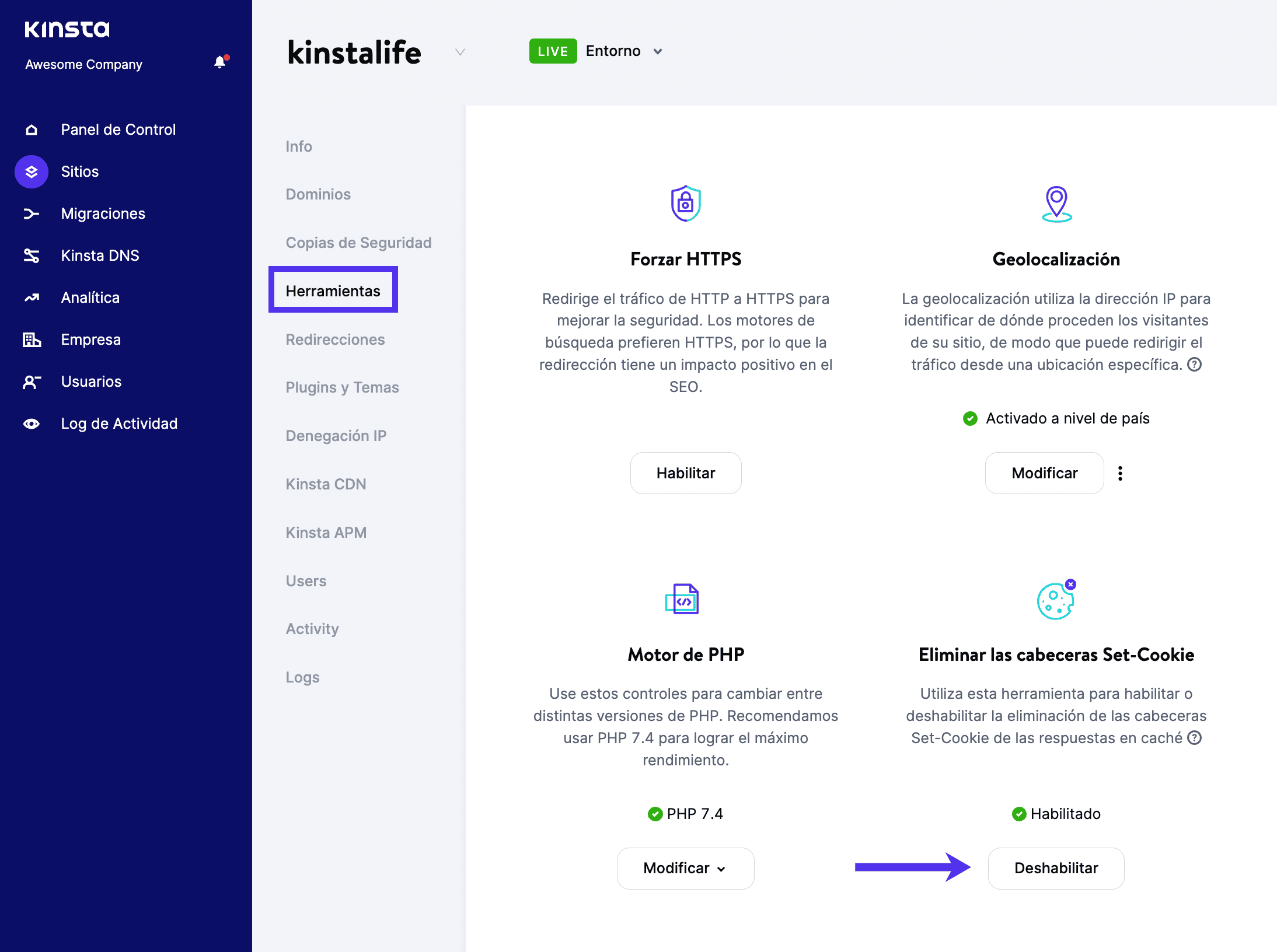 El Escritorio de MyKinsta muestra un recuadro resaltado alrededor de la opción 