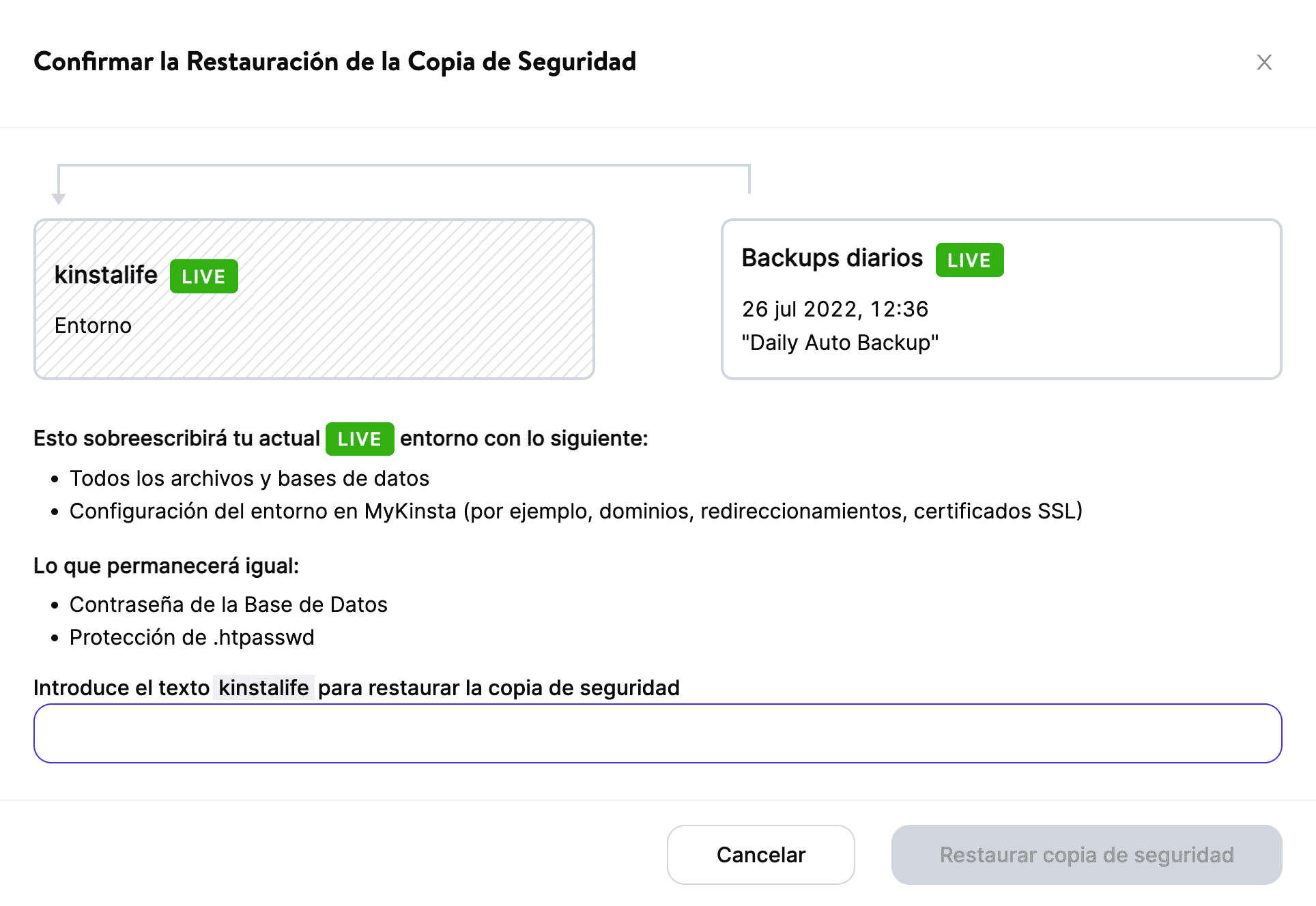 Confirmar la restauración de WordPress