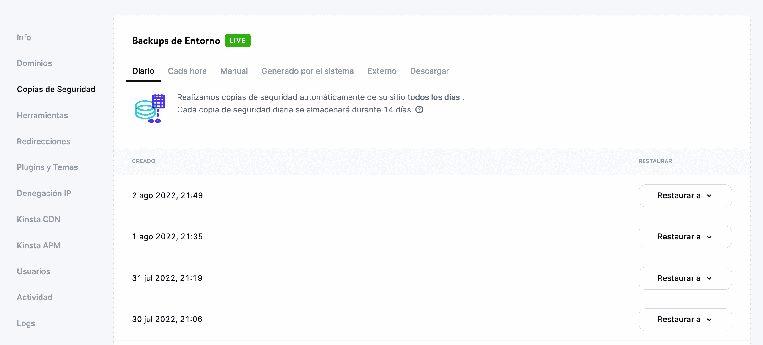 Haz clic en la pestaña de copias de seguridad en MyKinsta