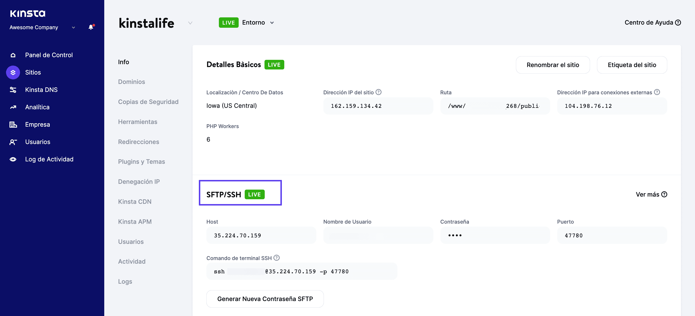 Navega a la sección SFTP/SSH