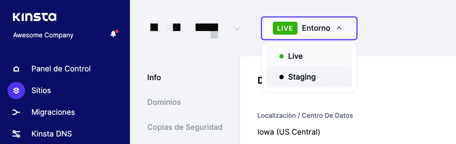 El entorno de staging en MyKinsta