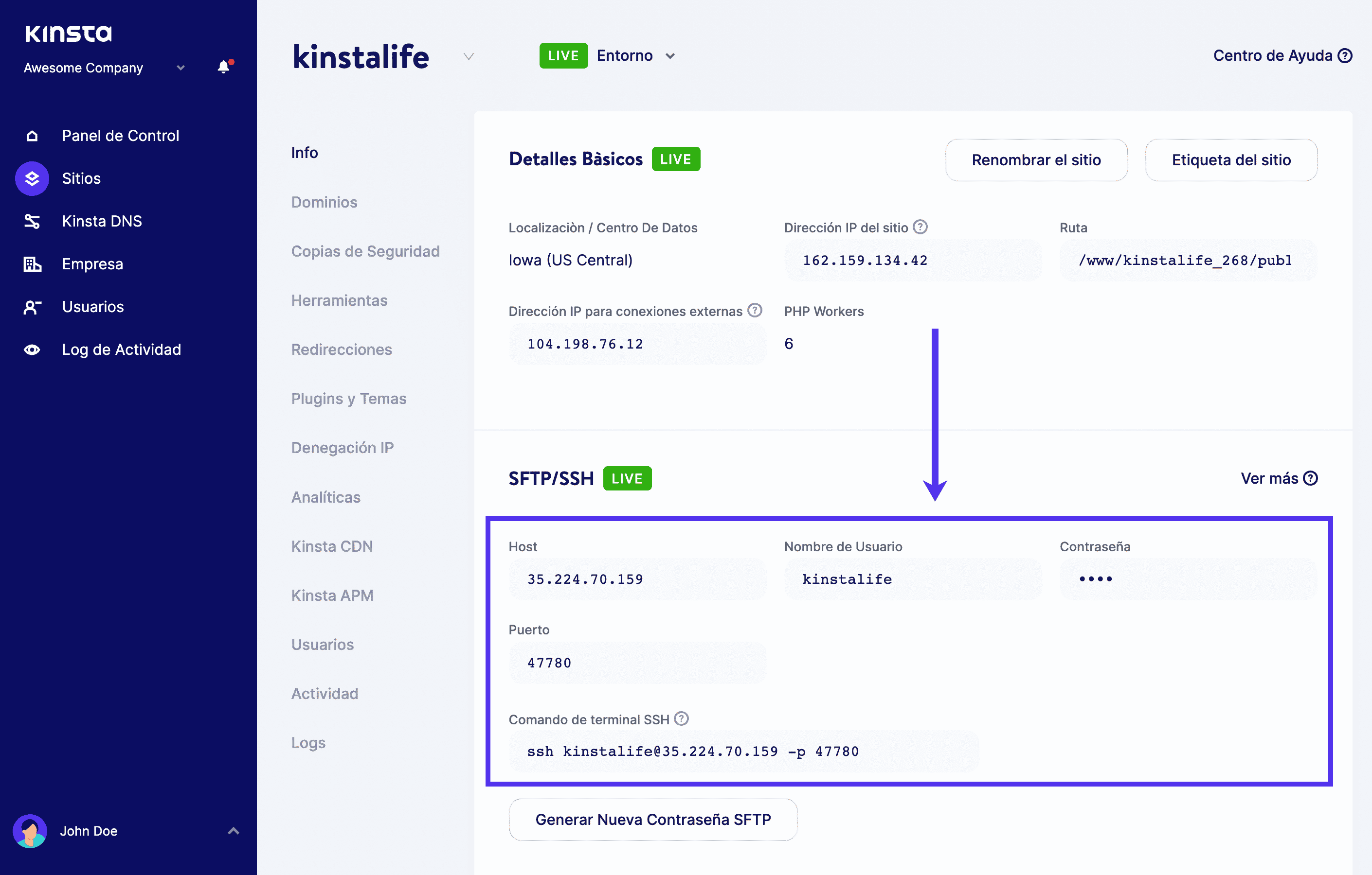 Localizando los datos de acceso SFTP dentro de MyKinsta.