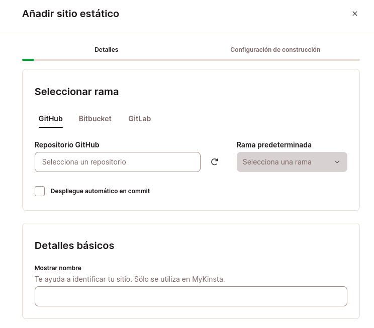 Captura de pantalla de Mykinsta en la pantalla de configuración para Añadir un sitio estático en Kinsta