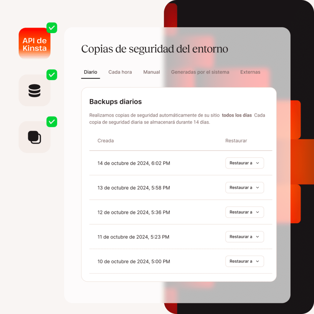 Interfaz del panel de control que muestra las copias de seguridad diarias del sitio web con las fechas y las opciones de restauración, destacando la funcionalidad de copia de seguridad automática.