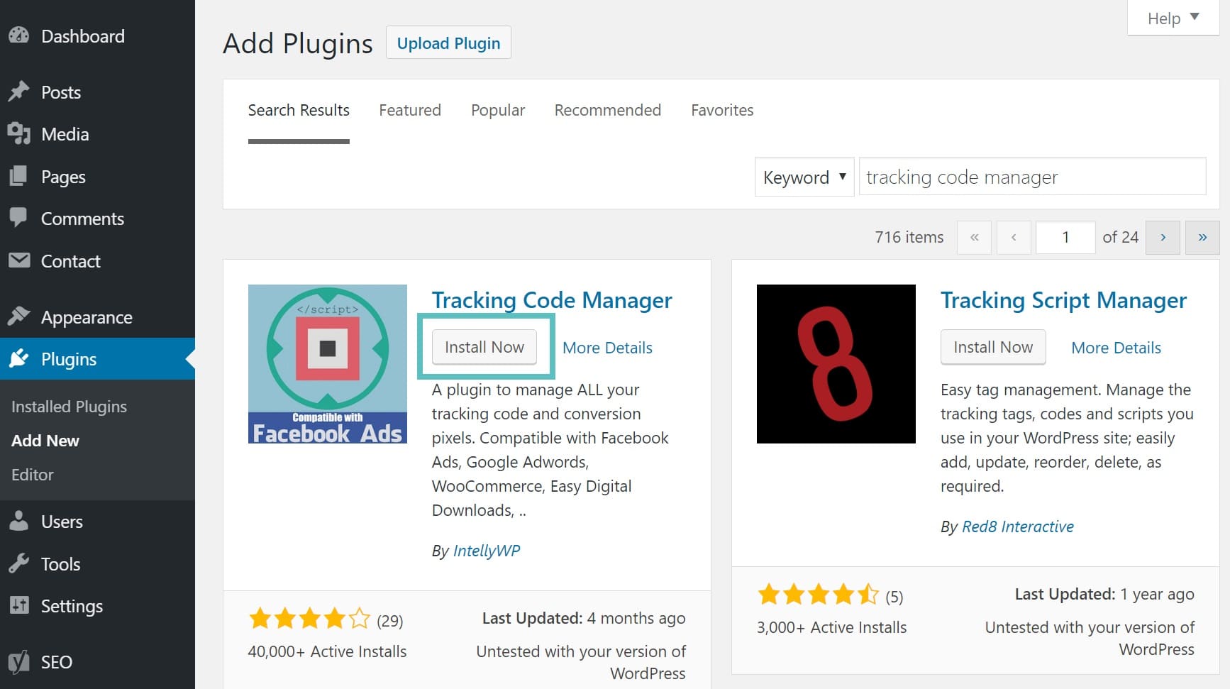 Install Tracking Code Manager WordPress plugin Installer le plugin Tracking Code Manager sur WordPress