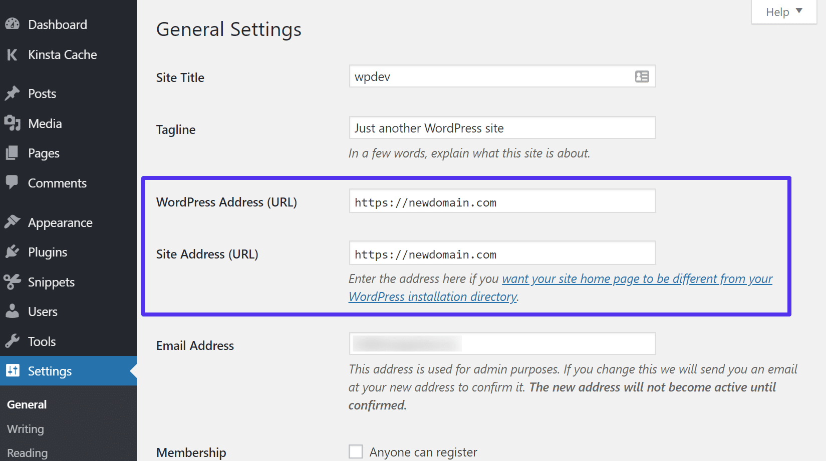 Mise à jour de l'adresse WordPress et de l'URL du site