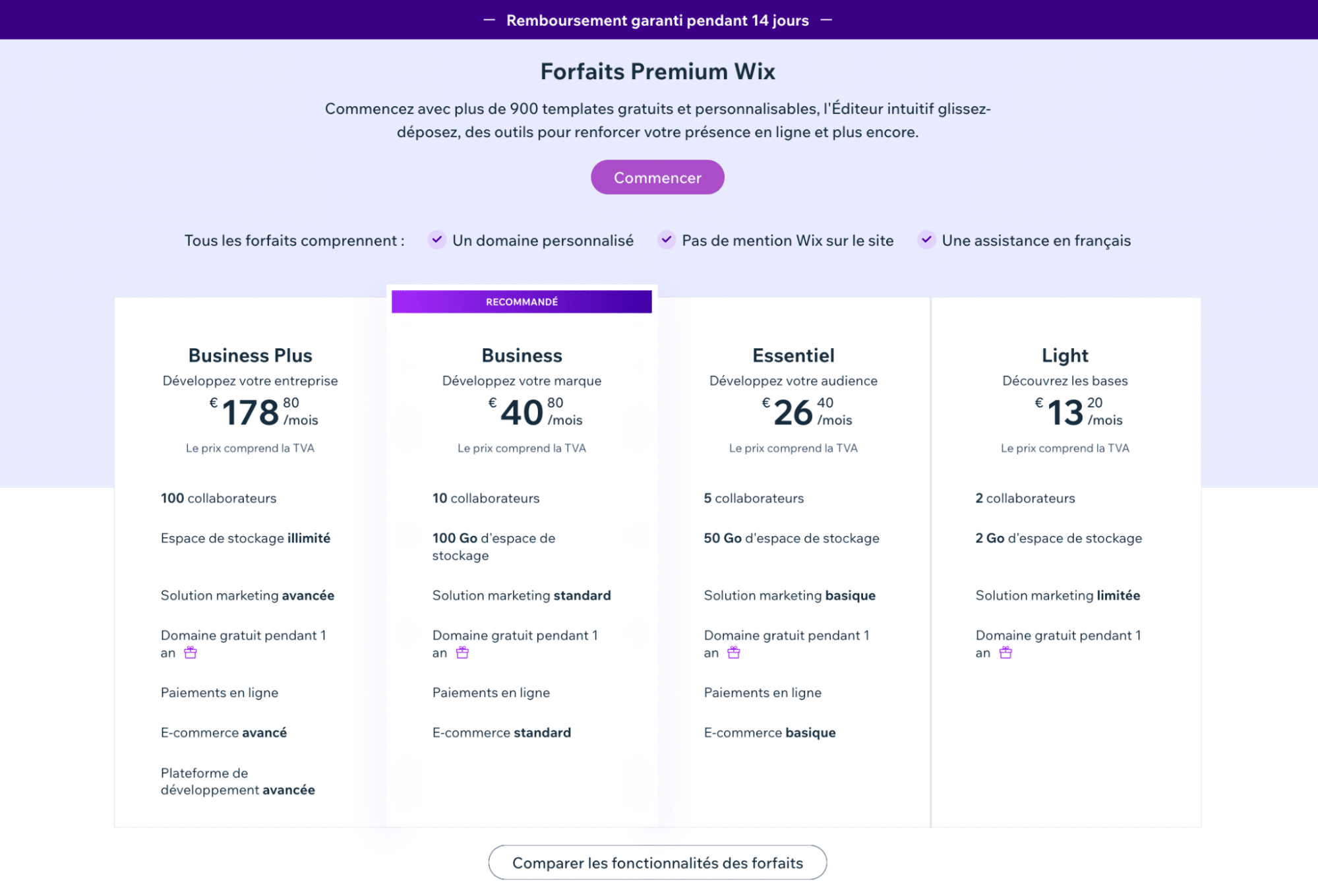 Prix des sites web Wix.