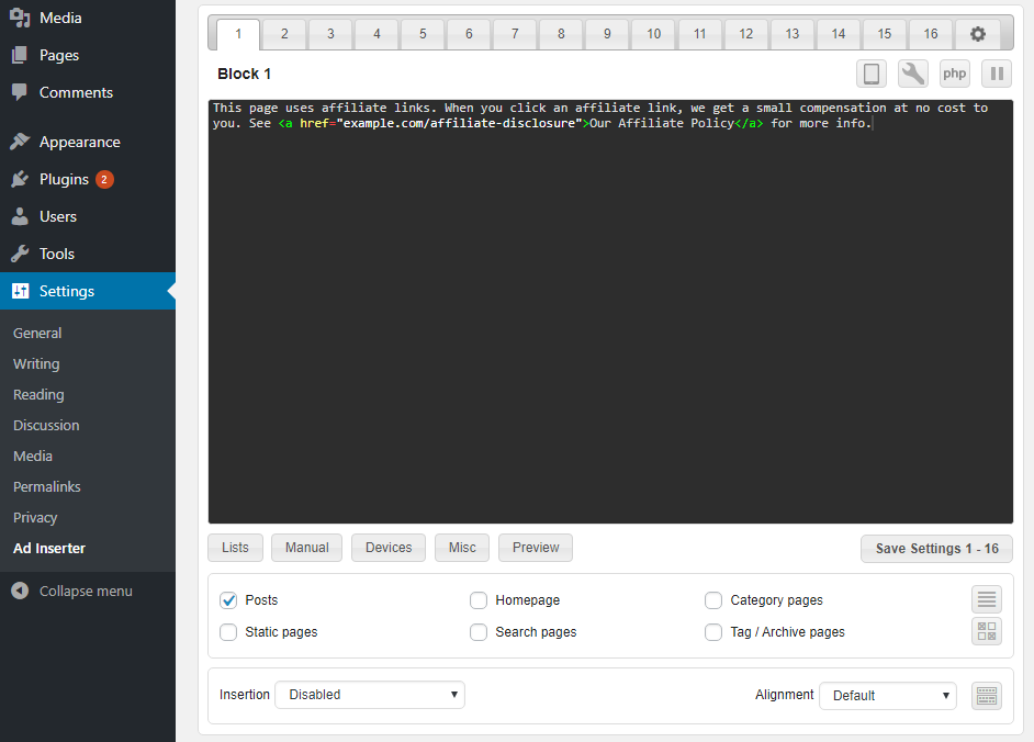 Boîte CSS pour ajuster l'apparence de la divulgation de votre affiliation