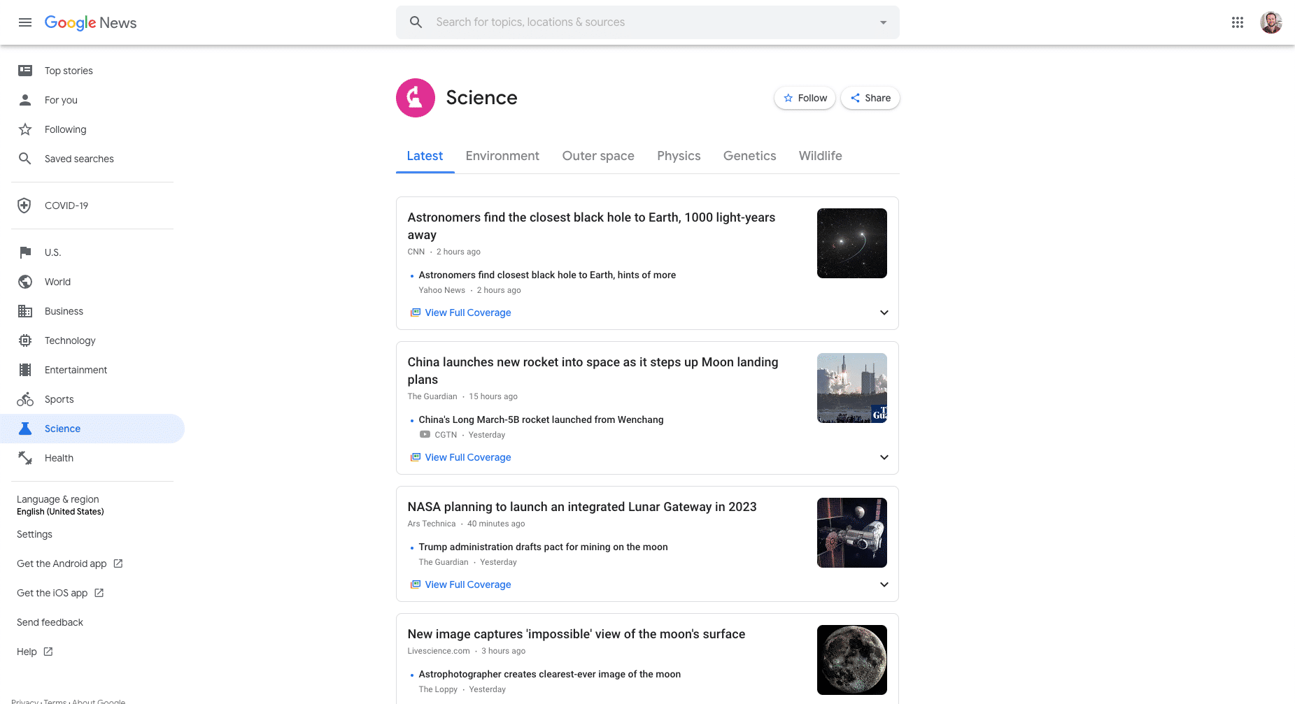 Un exemple de page d'articles scientifiques sur Google News