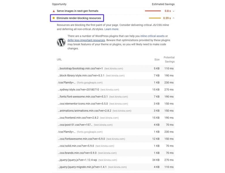 Le message « Éliminer les ressources qui bloquent le rendu » dans PageSpeed Insights