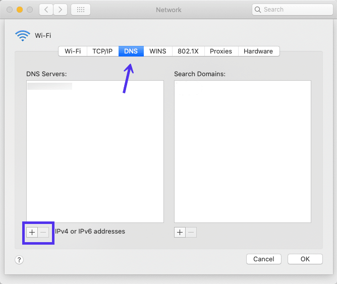 Le panneau DNS du réseau dans macOS