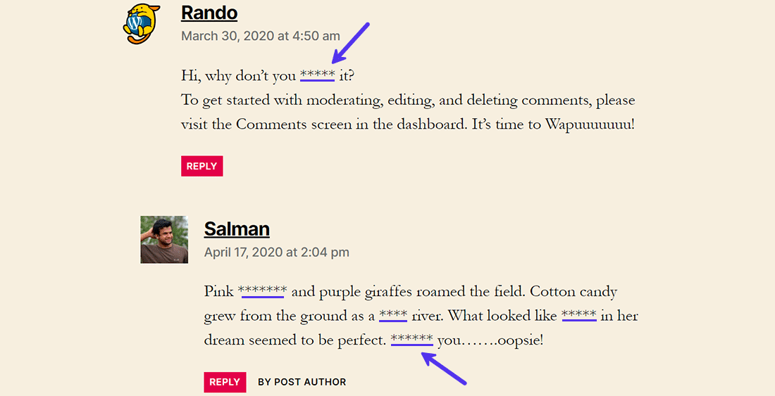 Remplacement des jurons dans les commentaires par des symboles « * ».