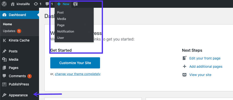 Tableau de bord WordPress