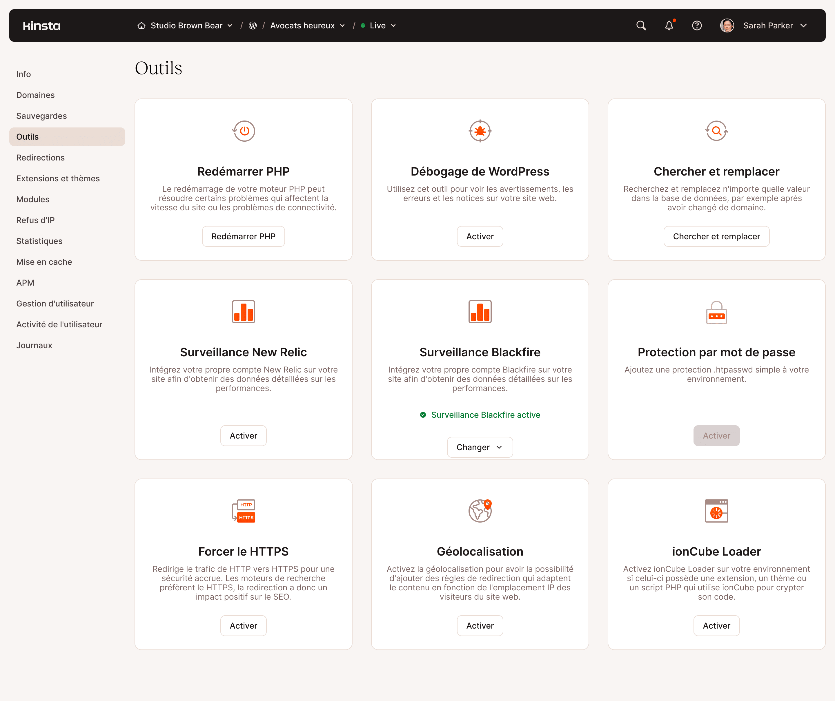 Tableau de bord des outils d'administration du serveur