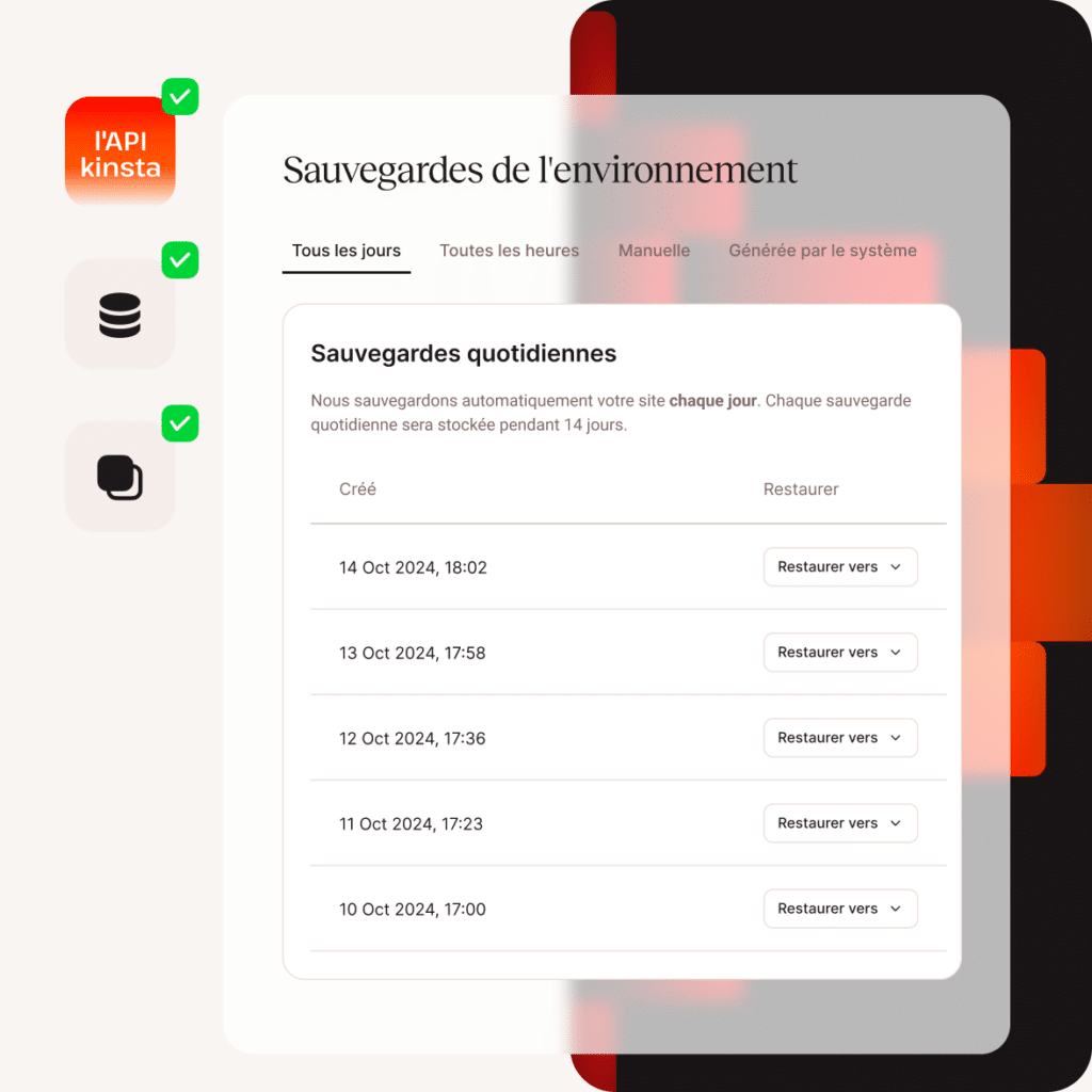 Interface du tableau de bord affichant les sauvegardes quotidiennes du site Web avec les dates répertoriées et les options de restauration, mettant en évidence la fonction de sauvegarde automatisée.