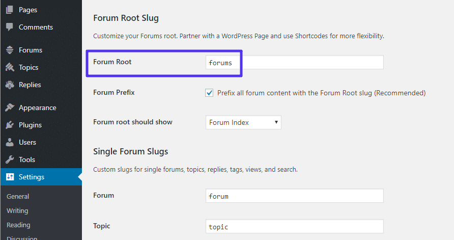 Cambiare l'URL del forum bbPress URL slug