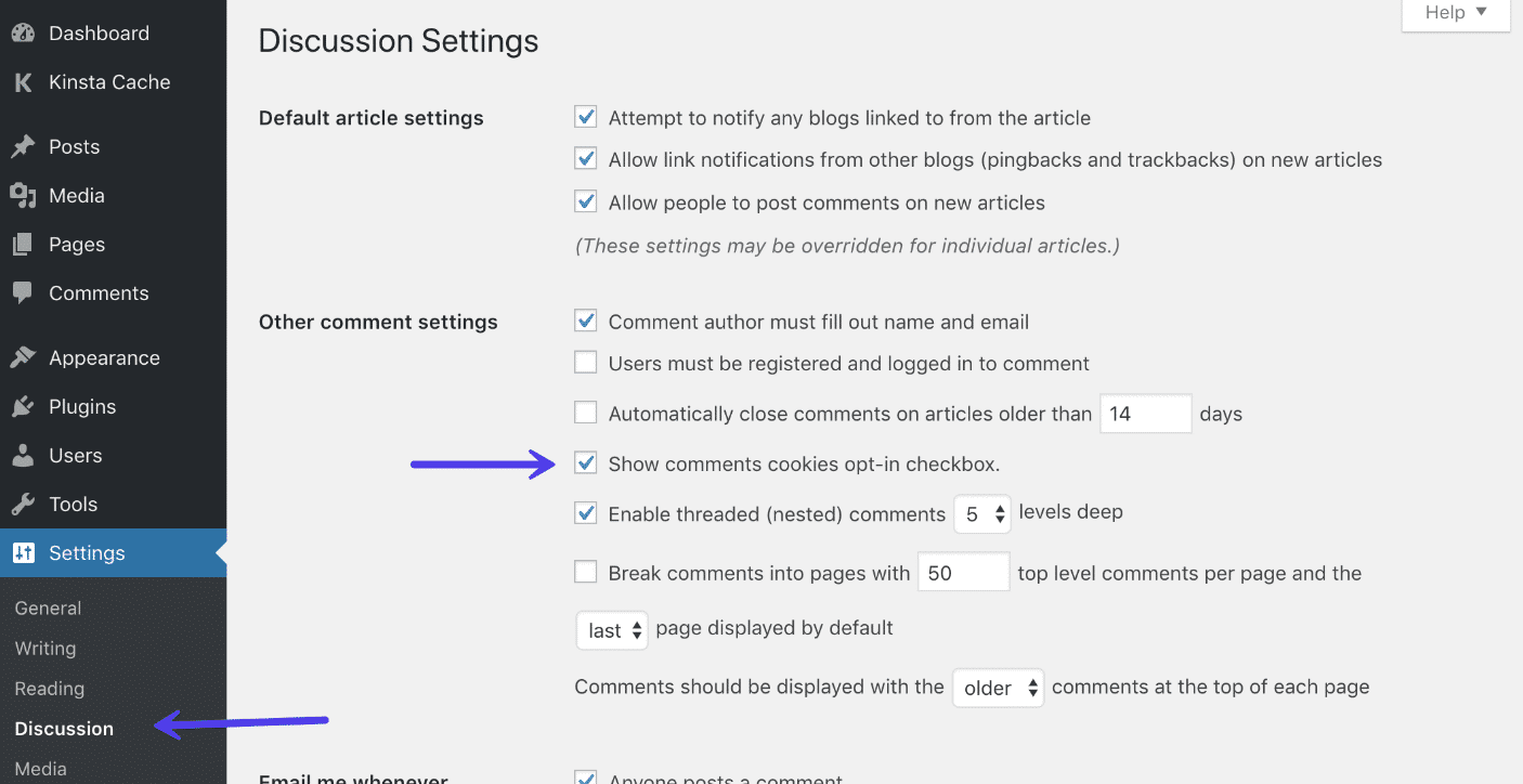 Mostra checkbox di attivazione dei cookie dei commenti