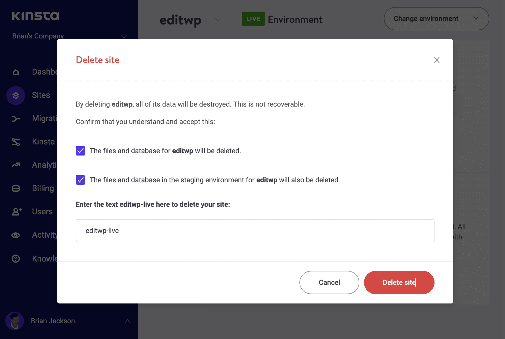 Eliminare un sito su Kinsta