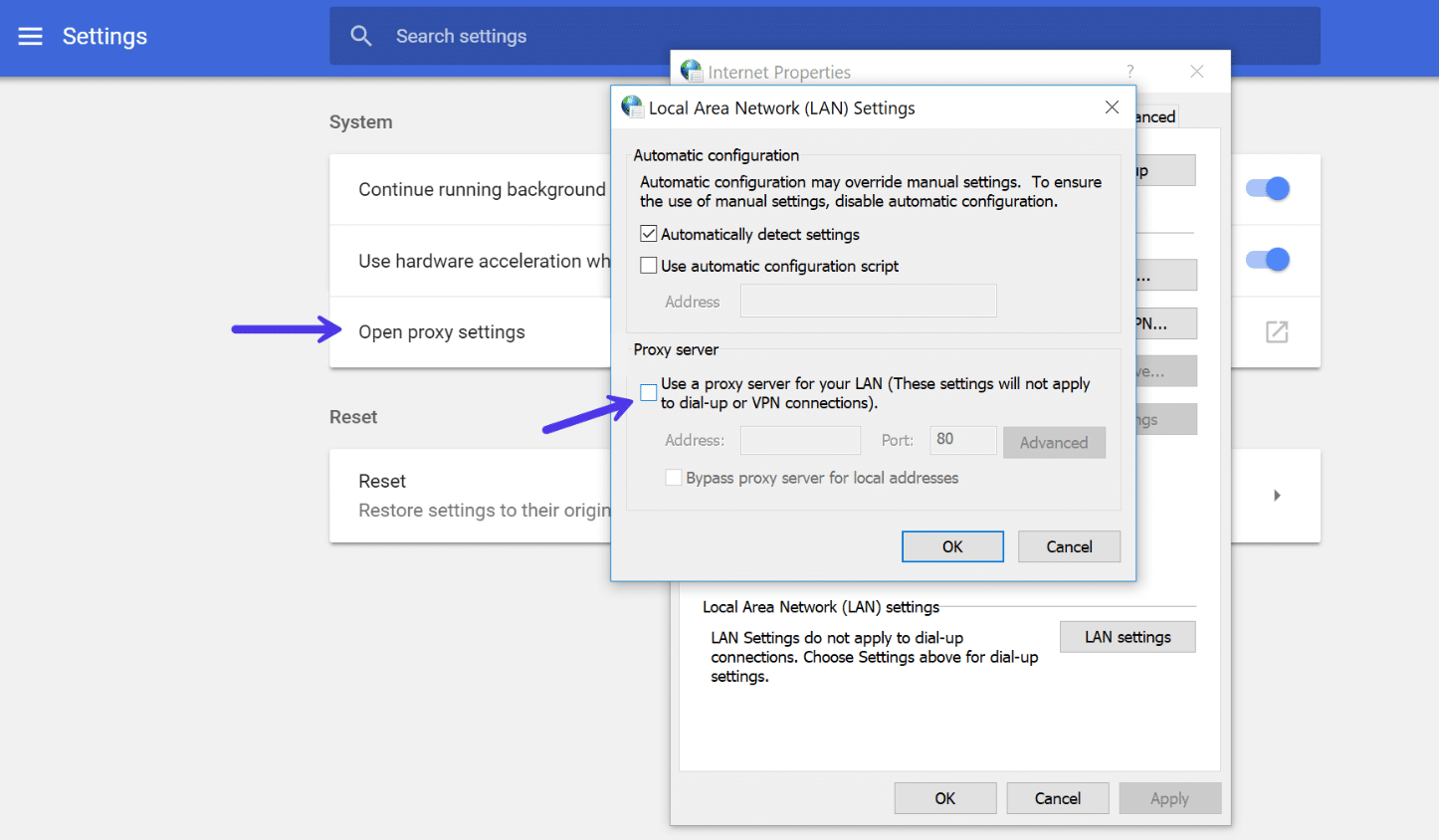 Disattivare le impostazioni proxy di Chrome in Windows