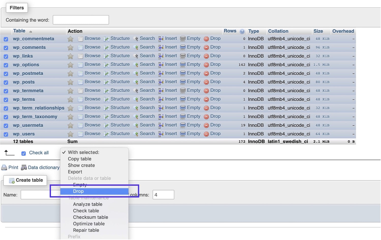 Tabelle del database - Drop
