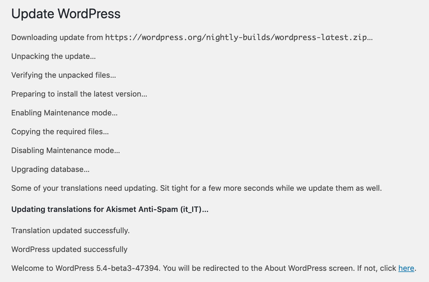 Progresso nell'aggiornamento di WordPress